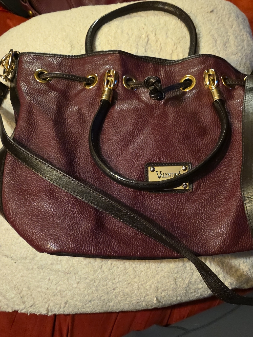Valentina Burgundy Shoulder Tote with Black Trim and Gold Hardware